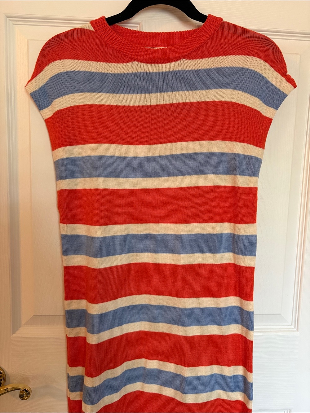Sleeveless Striped Casual Knit Dress in Salmon, Light Blue & Cream